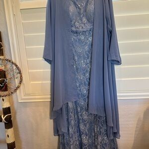 Elegant Dusty Blue Lace Maxi Dress with Matching Drape Jacket